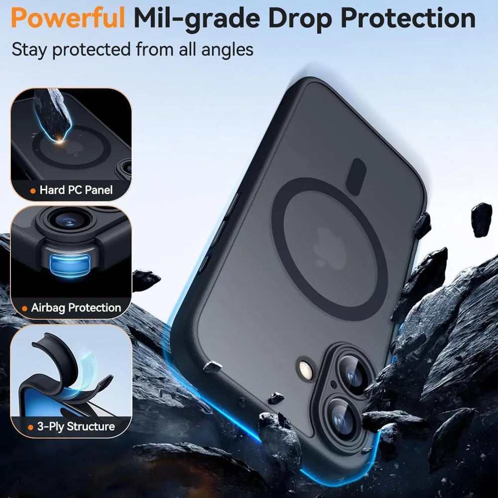 Coque MagSafe Magnétique Antichoc iPhone 11 12 13 14 15 16 17 Pro Max – Translucide Mat